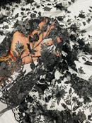 3D Glitter Floral Fabric - Black - Glitter Sequin Flower Design on Lace Mesh Fabric by Yard