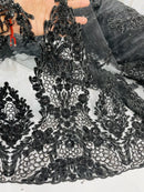 Beaded Floral Fabric - Black - Luxury Bridal Floral Pattern Fabric With Beads, Sequins Sold By Yard