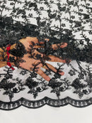 Metallic Floral Butterfly Fabric - Black - Embroidered Floral Butterfly Design Mesh Fabric by Yard