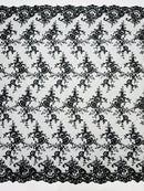 Plant Design Lace Fabric - Black - Small Plant Flower Leaf Design Lace Fabric Sold By Yard