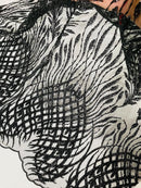 Beaded Embroidered Fabric - Black - Embroidered Heart and Feather Pattern Fabric Sold By Yard