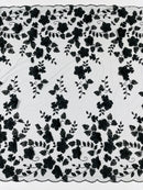 Floral 3D Pearl Fabric - Black - Embroidered Double Border Flower Design Pearl Fabric By Yard