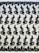 3D Floral Cluster with Border Lace - Black - Flower with Leaves Design 3D Fabrics Sold By Yard