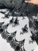 3D Floral Sequins Design - Black - Embroidered Floral Lace Fabric With Sequins / Pearls By Yard