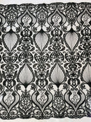 Leaf Damask Bead Fabric - Black - Embroidered Sequins Heavy Beaded Lace Fabric by Yard