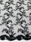 Sequin Lace Floral Fabric - Black - Flower Embroidered Sequins Lace Fabric Sold By Yard