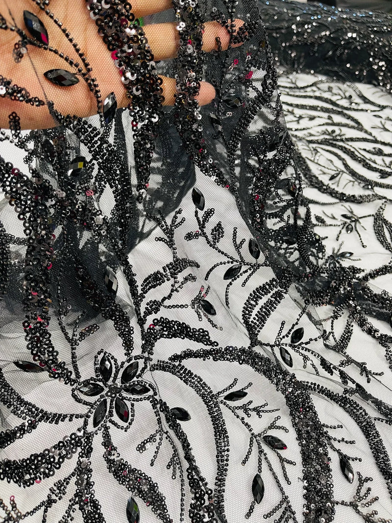 Floral & Leaf Pattern Bead Fabric - Black - Embroidered Beaded Rhinestone on a Mesh, Sold By Yard