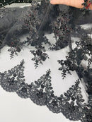 Floral Damask Bead Fabric - Black - Embroidered Floral Clusters with Beads / Sequins by Yard