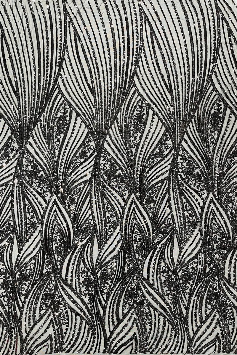 Curvy Design Sequins Fabric - Black - 4 Way Stretch Curvy Sequins Design Mesh Fabric by Yard