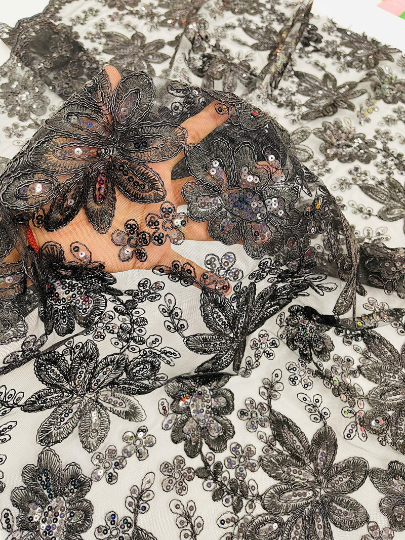 Metallic Floral Lace Fabric - Black - Hologram Sequins Floral Metallic Thread Fabric by Yard