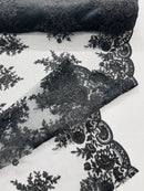 Flower Lace Sequins Fabric - Black - Embroidered Floral Pattern Fabric with Sequins on Lace By Yard
