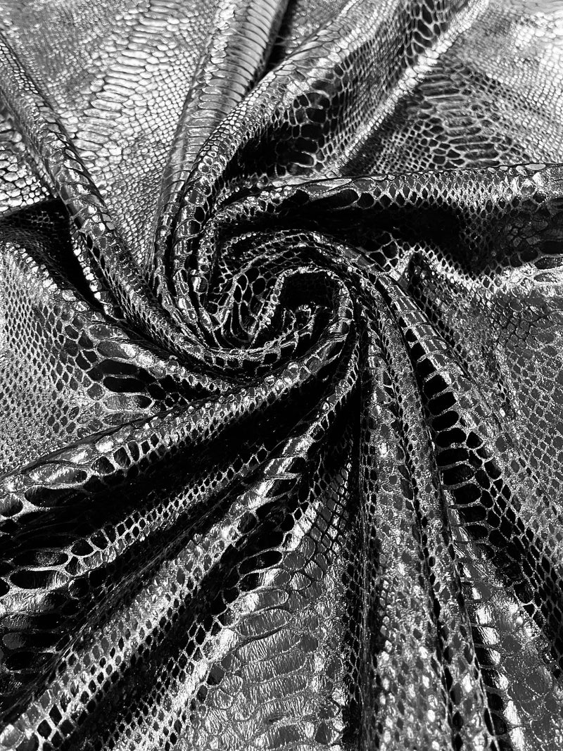 Anaconda Foil Velvet - Black - Shiny Foil Velvet Anaconda Snake Print Fabric Sold By The Yard