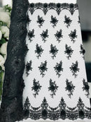 3D Floral Sequins Design - Black - Embroidered Floral Lace Fabric With Sequins / Pearls By Yard