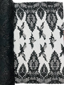 Beaded Floral Fabric - Black - Luxury Bridal Floral Pattern Fabric With Beads, Sequins Sold By Yard