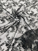 Sequin Lace Floral Fabric - Black - Flower Embroidered Sequins Lace Fabric Sold By Yard