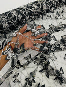 3D Butterfly Sequins Bead Fabric - Black - Sequins Butterfly Embroidered Beaded Fabric By Yard