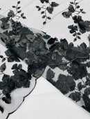 Floral 3D Pearl Fabric - Black - Embroidered Double Border Flower Design Pearl Fabric By Yard