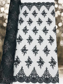 Floral Damask Bead Fabric - Black - Embroidered Floral Clusters with Beads / Sequins by Yard