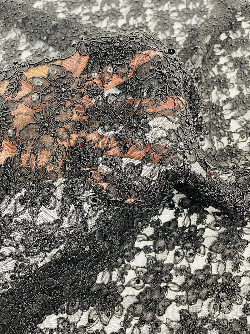 Pearls and Sequins Floral Fabric - Black - Embroidered Beaded Sequins Fabric Lace By Yard