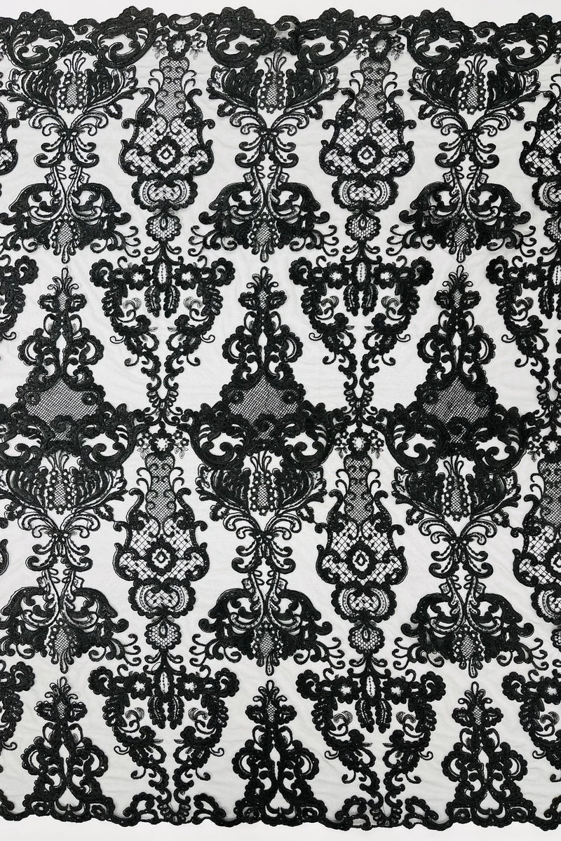 King Lace Design Fabric - Black - King Design with Sequins Embroidered On Mesh By Yard