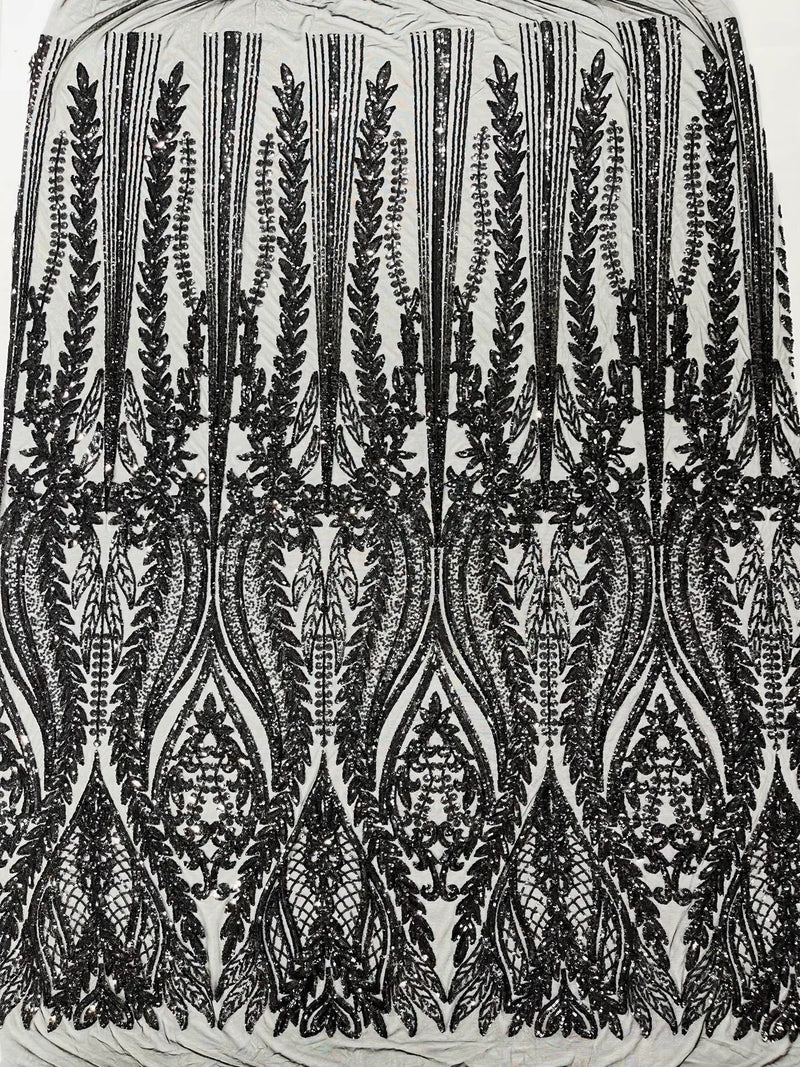 Mermaid Design Fabric - Black  - 4 Way Stretch Sequins Fabric on Lace Mesh Sold By Yard