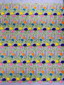 Multi-Color on Black Mesh Mexican Sarape Fabric - Embroidered Colorful Flower Design Fabric By Yard