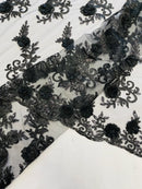 3D Floral Cluster with Border Lace - Black - Flower with Leaves Design 3D Fabrics Sold By Yard