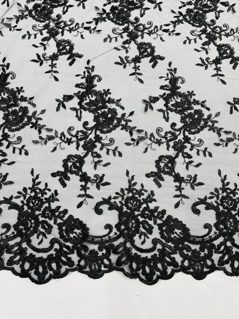 Plant Design Lace Fabric - Black - Small Plant Flower Leaf Design Lace Fabric Sold By Yard