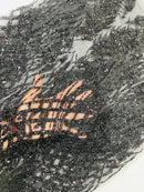 Beaded Embroidered Fabric - Black - Embroidered Heart and Feather Pattern Fabric Sold By Yard