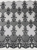 King Damask Lace Fabric - Black - Corded Embroidery with Sequins on Mesh Lace Fabric By Yard