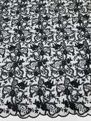 Flower Plant Sequins Fabric - Black - Embroidered Sequins On Flower Pattern Lace By Yard