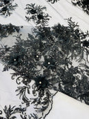 3D Rhinestone Flower Fabric - Black - 3D Flower Beaded Clusters with Sequins and Rhinestones By Yard