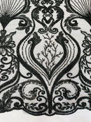 Leaf Damask Bead Fabric - Black - Embroidered Sequins Heavy Beaded Lace Fabric by Yard