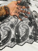 Metallic Paisley Floral Lace - Black - Corded Floral Lace with Metallic Thread on Mesh By Yard