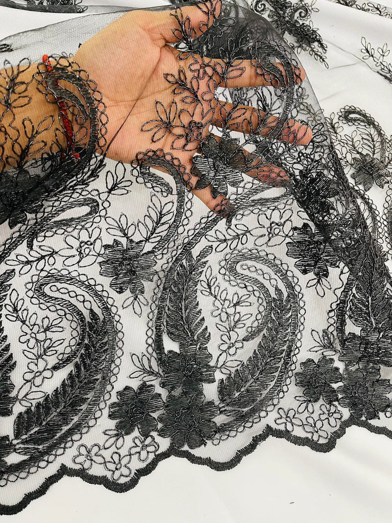 Metallic Paisley Floral Lace - Black - Corded Floral Lace with Metallic Thread on Mesh By Yard