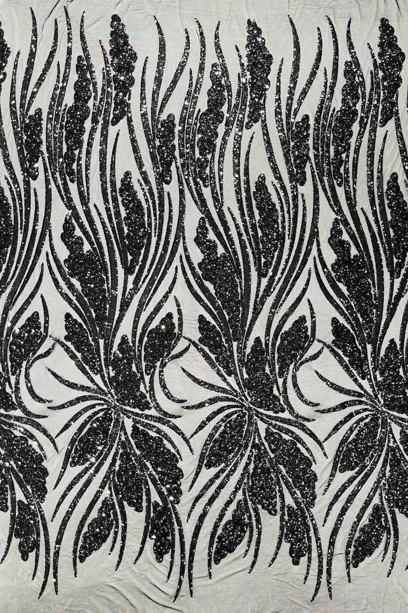 Wavy Leaf Design Fabric - Black - 4 Way Stretch Sequins Lace Mesh Leaf Design Fabric by Yard