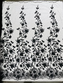 3D Glitter Floral Fabric - Black - Glitter Sequin Flower Design on Lace Mesh Fabric by Yard