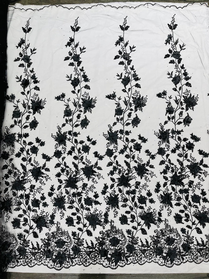 3D Glitter Floral Fabric - Black - Glitter Sequin Flower Design on Lace Mesh Fabric by Yard