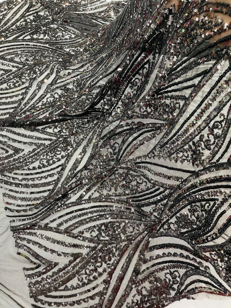 Curvy Design Sequins Fabric - Black - 4 Way Stretch Curvy Sequins Design Mesh Fabric by Yard