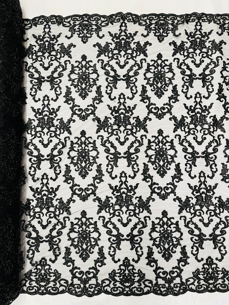 Beaded Butterfly Pattern Fabric - Black - Damask Fancy Bead Sequins Fabric Sold by Yard