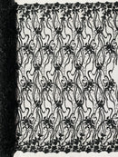 Flower Lines Bead Fabric - Black - Beaded Flower Fabric with Curled Long Lines Pattern By Yard