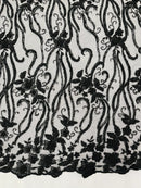 Flower Lines Bead Fabric - Black - Beaded Flower Fabric with Curled Long Lines Pattern By Yard