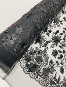 3D Glitter Floral Fabric - Black - Glitter Sequin Flower Design on Lace Mesh Fabric by Yard