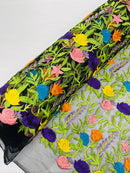 Multi-Color on Black Mesh Mexican Sarape Fabric - Embroidered Colorful Flower Design Fabric By Yard