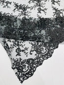 Plant Design Lace Fabric - Black - Small Plant Flower Leaf Design Lace Fabric Sold By Yard