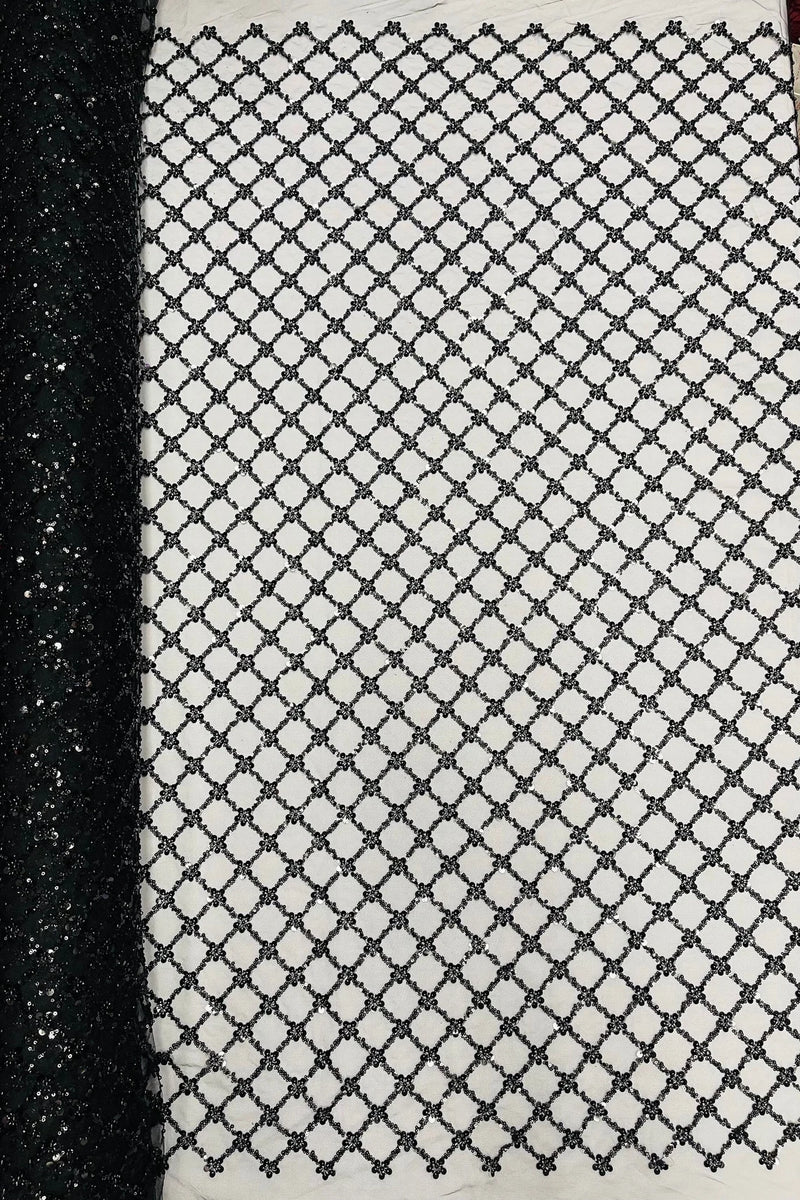 Diamond Net Bead Fabric - Black - Geometric Embroidery Beaded Sequins Fabric Sold By The Yard