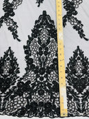 Beaded Floral Fabric - Black - Luxury Bridal Floral Pattern Fabric With Beads, Sequins Sold By Yard