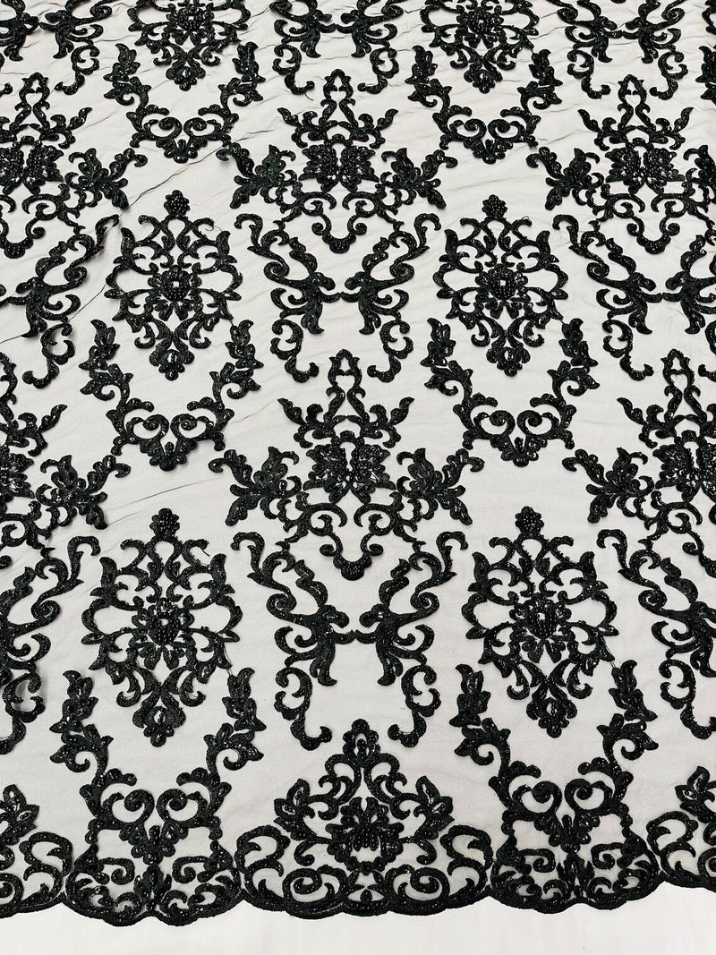 Beaded Butterfly Pattern Fabric - Black - Damask Fancy Bead Sequins Fabric Sold by Yard