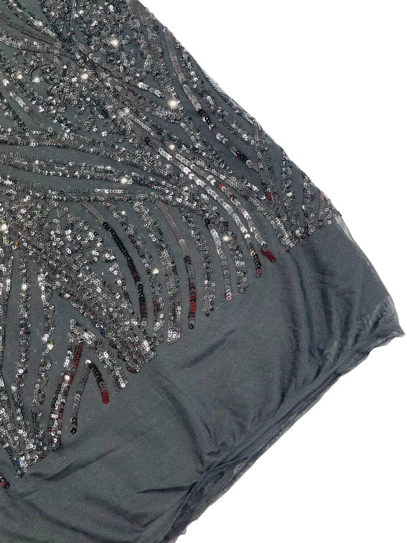 Curvy Design Sequins Fabric - Black - 4 Way Stretch Curvy Sequins Design Mesh Fabric by Yard