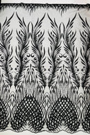 Beaded Embroidered Fabric - Black - Embroidered Heart and Feather Pattern Fabric Sold By Yard
